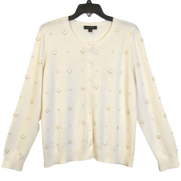 NWT Ann Taylor Cream Button Down Cardigan with  Cream Embellishments Size  M - Picture 1 of 12